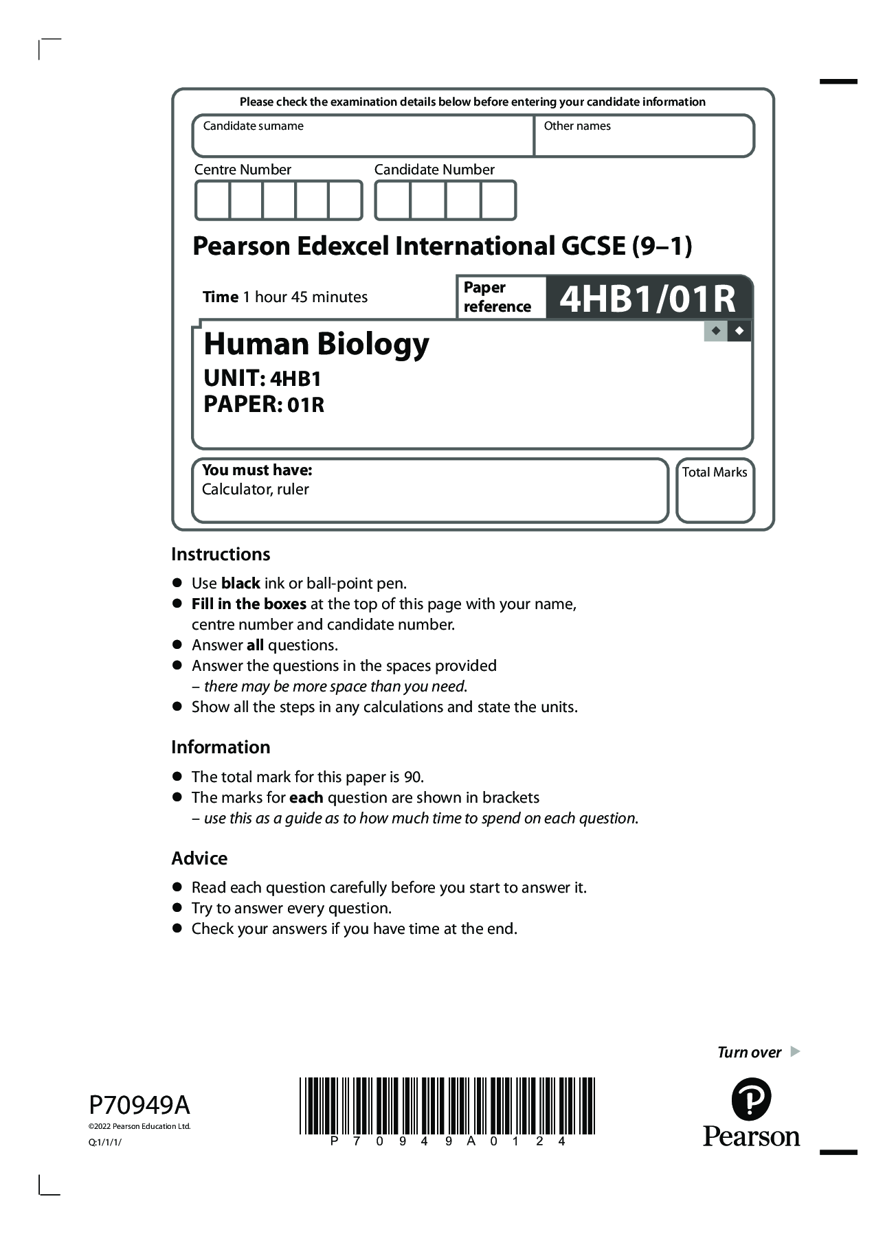 Preview image for 2022 pearson june booklet + mark scheme Edexcel International GCSE (9–1)  4HB1/01R  Human Biology UNIT: 4HB1 PAPER: 01R